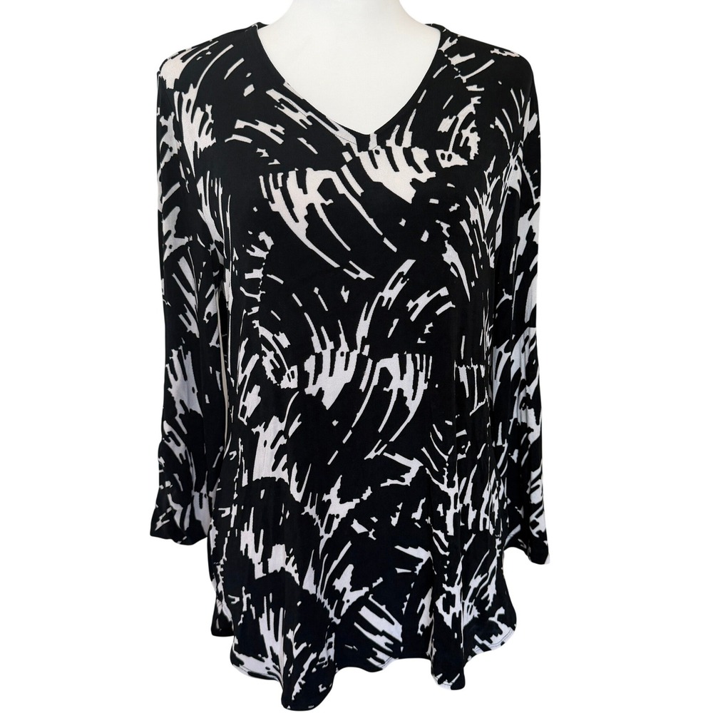 Chicos Travelers Women VNeck Tunic Blouse Abstract Print Black Sz 1 M 8/10 Artsy